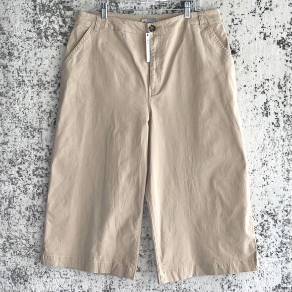 New Asos Cropped Wide Leg Pants Plus Size 14 Khakis Beige Cotton Flat Front - Picture 1 of 9